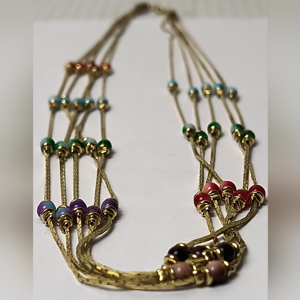Multicolor Beaded Gold-Tone Necklace Festival Cottagecore Romantic Fairy Artsy